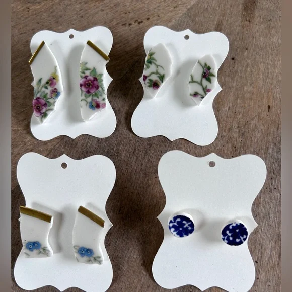 Handmade Broken China Earrings Fancy Aqua Blue Green Small Circle Beach Vintage - Picture 9 of 10